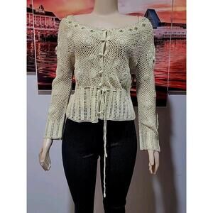 Anthropologie MOTH Green Lime Luxe Crochet Embellished Sz M Cardigan Sweater #3
